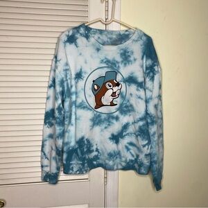 Buc-ees Beaver Tie Dye Logo Sweatshirt Size Large Teal Crewneck Pullover Travel